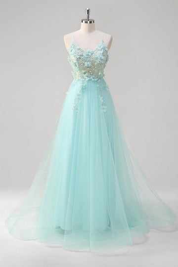 Vestido de fiesta de tul de lentejuelas con tirantes finos de línea A verde con flores 3D